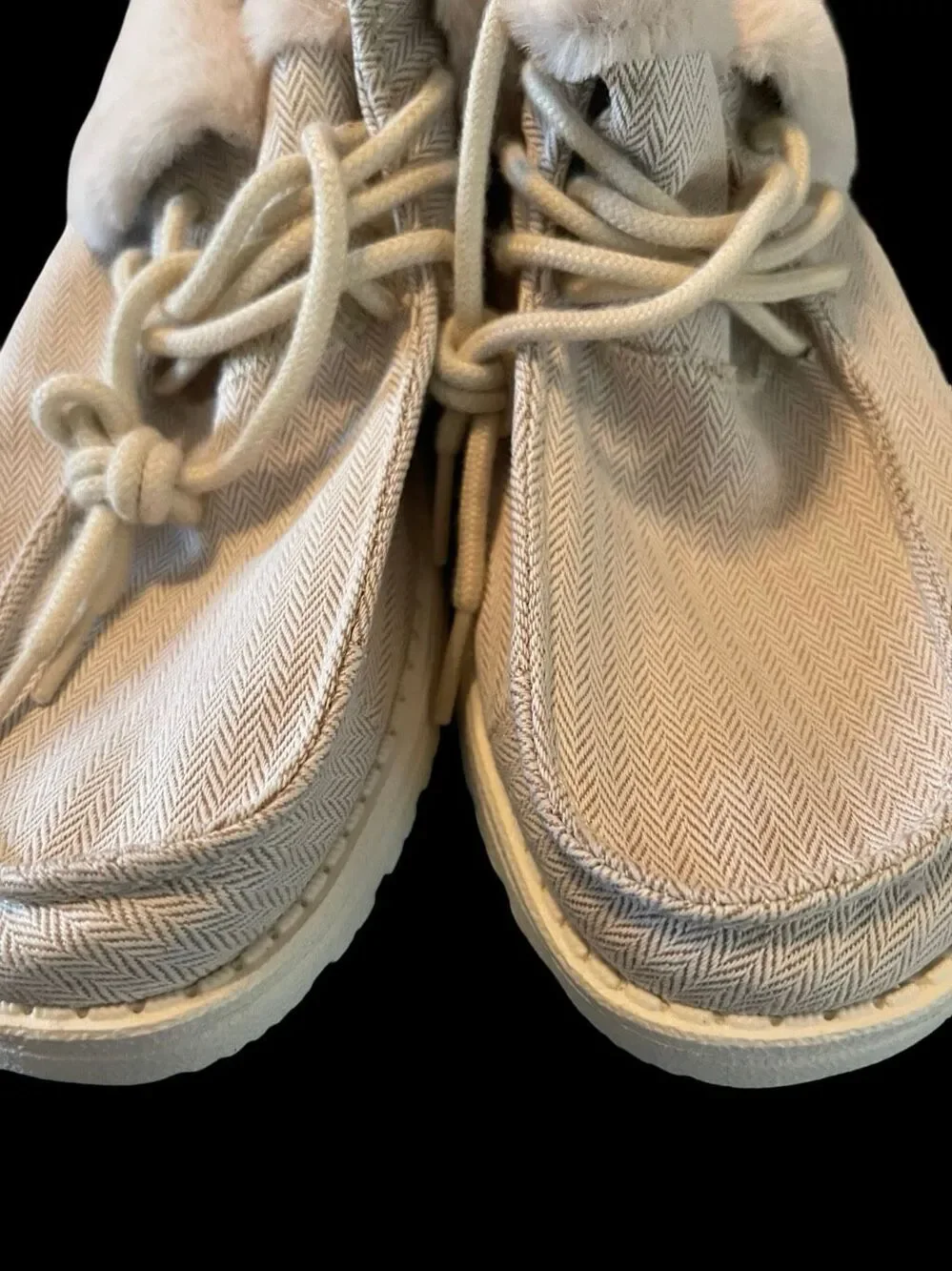 New Hey Dude Herringbone Cream Britt Faux Fur Fold Over Moccasins Shoes Size 9